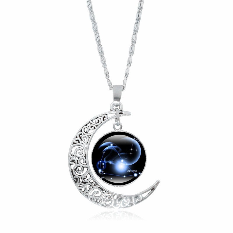 Zodiac Time Gem Luminous Necklace for Women, Simple Silver Moon Pendant Choker - Moze