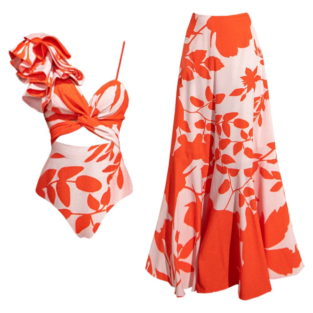 One-Shoulder Ruffle Cut-Out Printed One-Piece Swimsuit with Skirt for Women - Moze