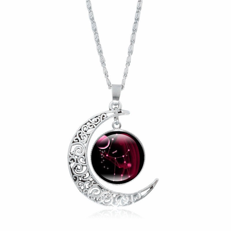 Zodiac Time Gem Luminous Necklace for Women, Simple Silver Moon Pendant Choker - Moze