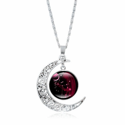 Zodiac Time Gem Luminous Necklace for Women, Simple Silver Moon Pendant Choker - Moze