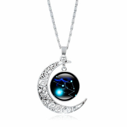 Zodiac Time Gem Luminous Necklace for Women, Simple Silver Moon Pendant Choker - Moze