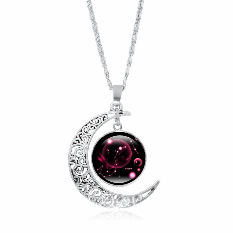 Zodiac Time Gem Luminous Necklace for Women, Simple Silver Moon Pendant Choker - Moze