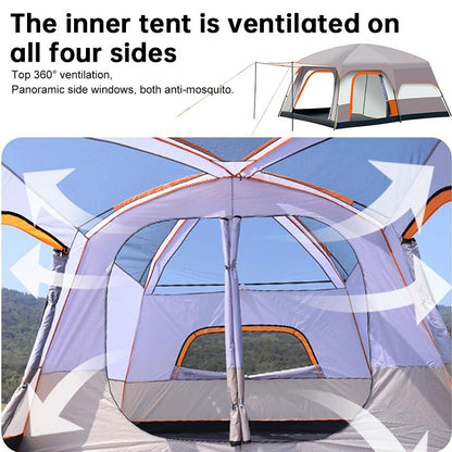 3-12 Person Double Layer 2-Bedroom Family Tunnel Camping Tent Waterproof Windproof UV Resistant for Outdoor Hiking & Camping - Moze