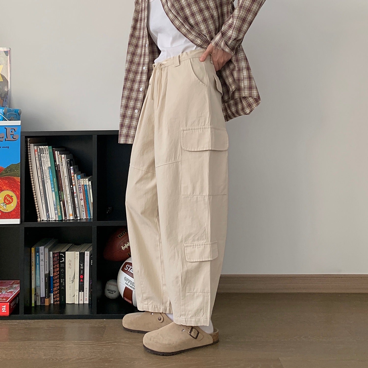 Dark gray Japanese loose wide leg workwear pants for men retro ankle tied casual pants with large pockets - Moze