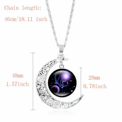 Zodiac Time Gem Luminous Necklace for Women, Simple Silver Moon Pendant Choker - Moze