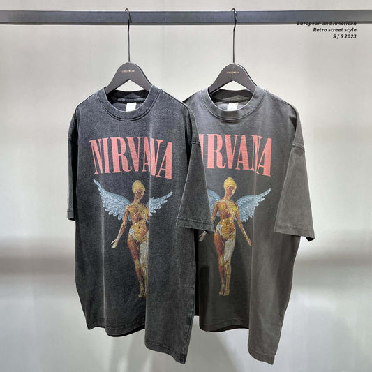 Mens and Womens Wear New Washing Water, Old Rock Band Printing, Vintage Short Sleeve, European High Street Fashion Brand T - Moze
