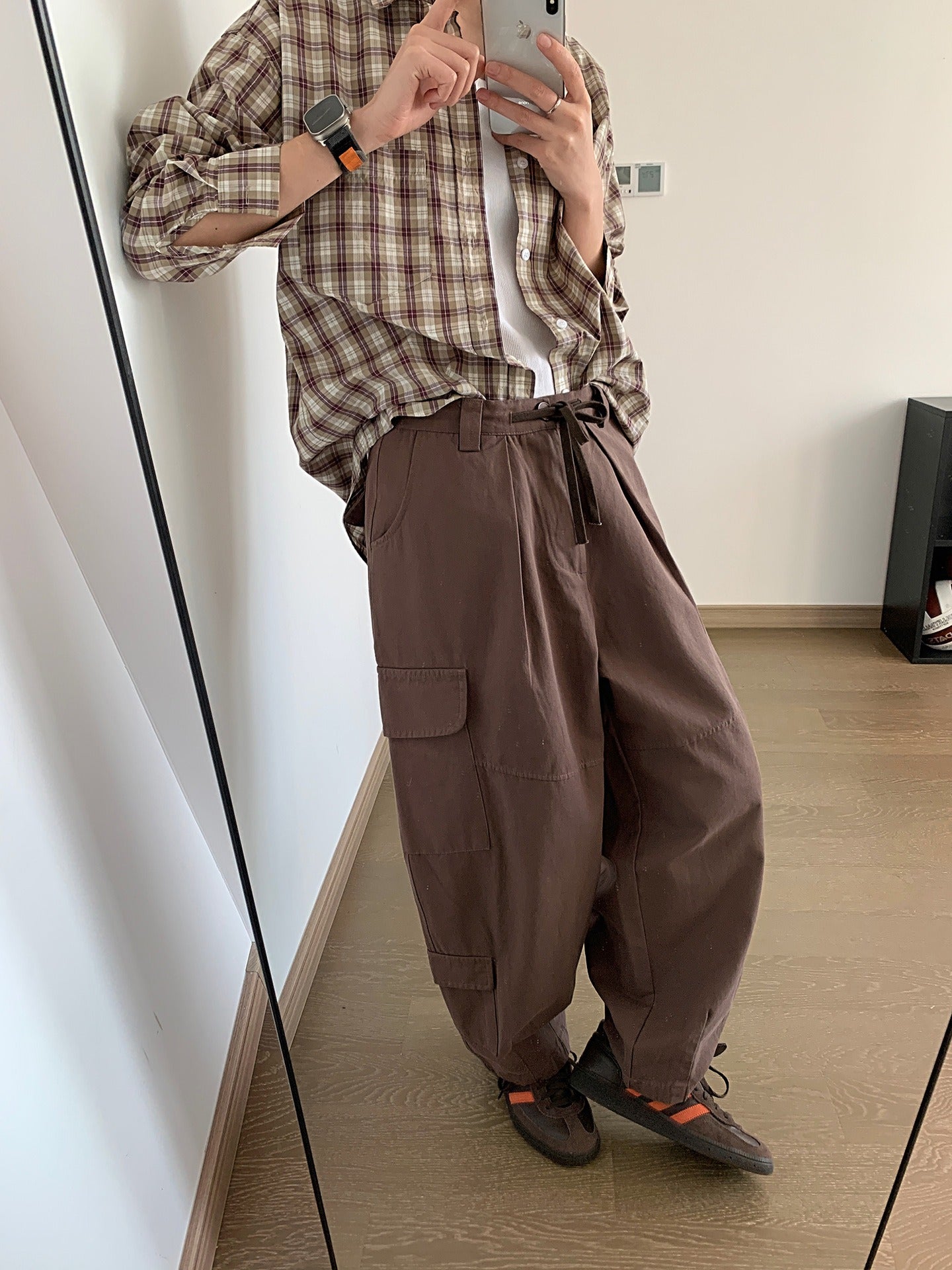 Dark gray Japanese loose wide leg workwear pants for men retro ankle tied casual pants with large pockets - Moze