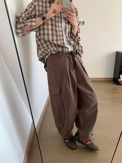 Dark gray Japanese loose wide leg workwear pants for men retro ankle tied casual pants with large pockets - Moze