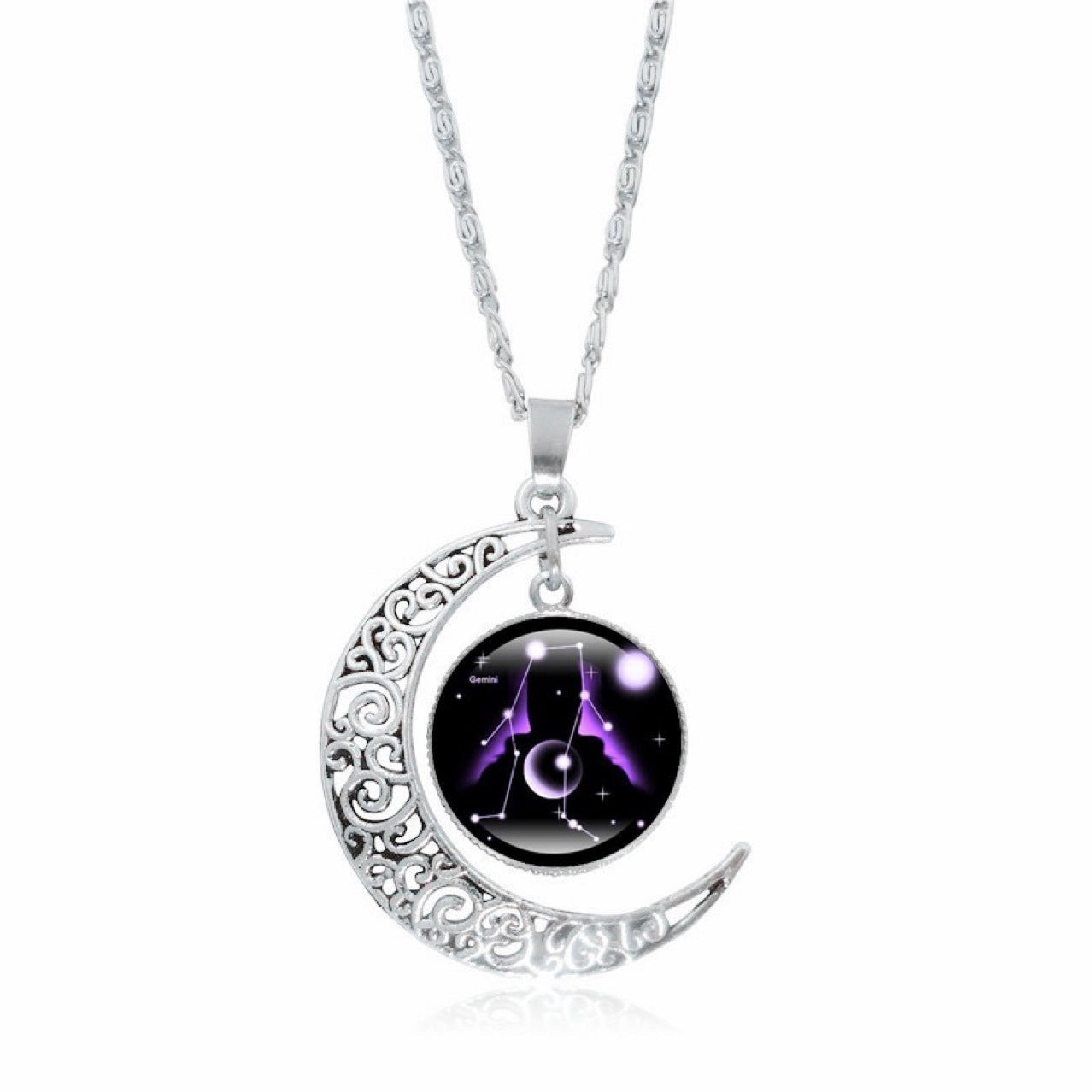 Zodiac Time Gem Luminous Necklace for Women, Simple Silver Moon Pendant Choker - Moze