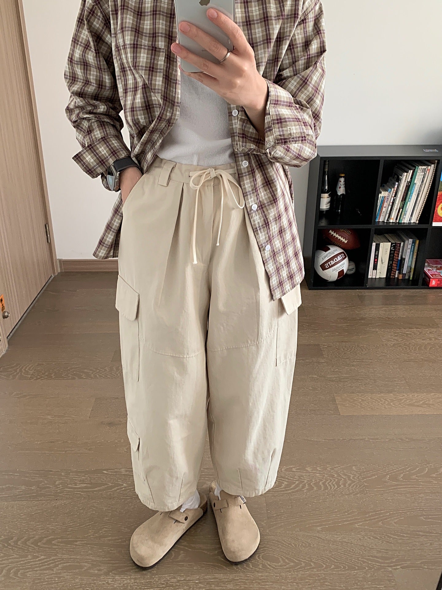 Dark gray Japanese loose wide leg workwear pants for men retro ankle tied casual pants with large pockets - Moze