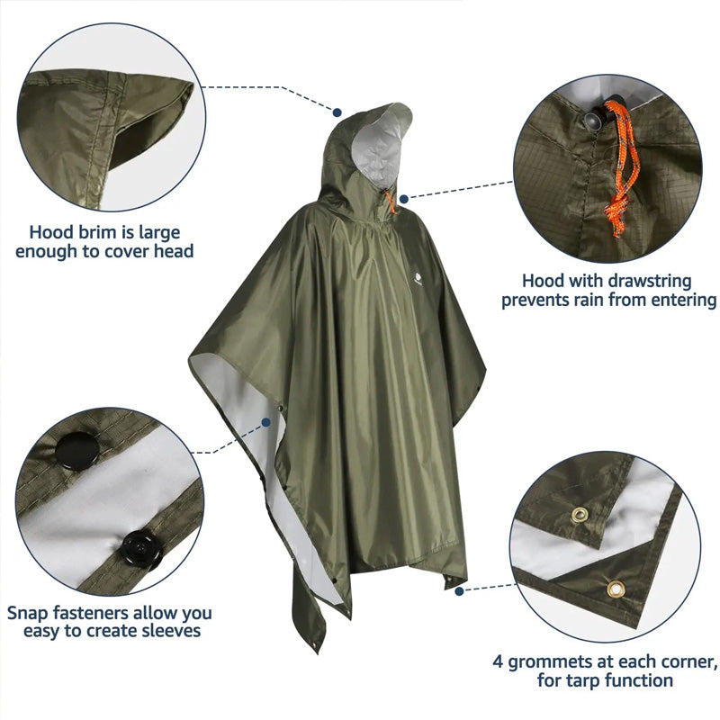 Waterproof Hooded Rain Coat/Poncho: Lightweight, for Outdoor Hiking/Fishing/Climbing (Unisex) - Moze