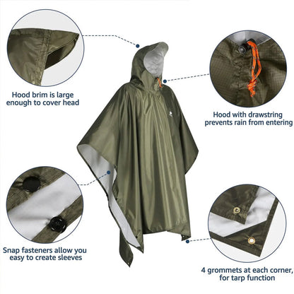 Waterproof Hooded Rain Coat/Poncho: Lightweight, for Outdoor Hiking/Fishing/Climbing (Unisex) - Moze