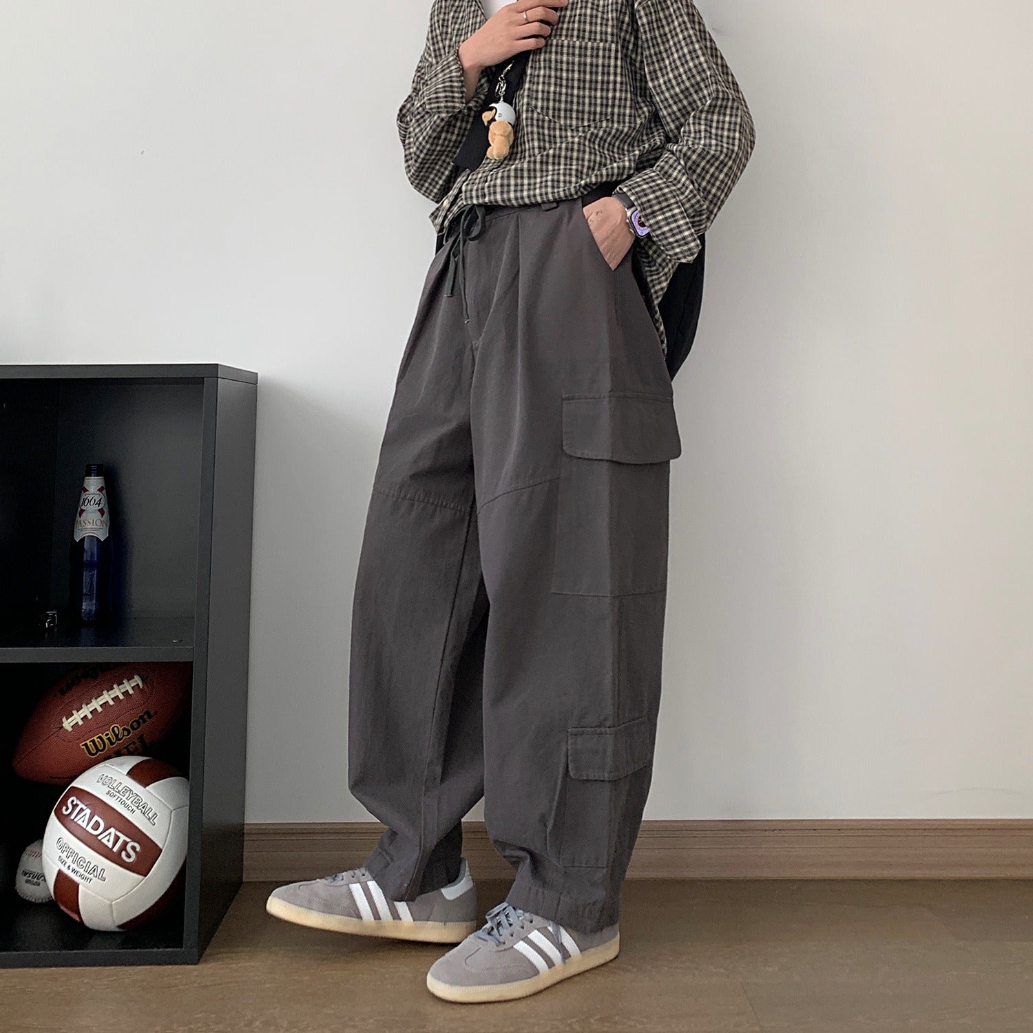 Dark gray Japanese loose wide leg workwear pants for men retro ankle tied casual pants with large pockets - Moze