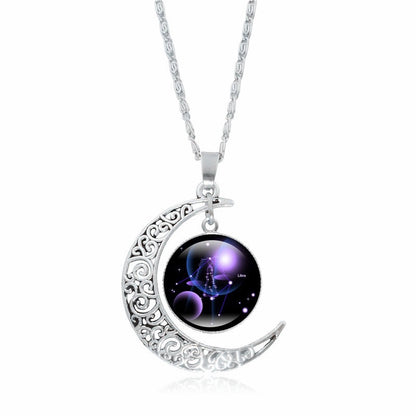 Zodiac Time Gem Luminous Necklace for Women, Simple Silver Moon Pendant Choker - Moze