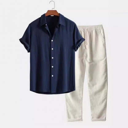 Men's Stand Collar Slim Fit Linen-Cotton Suit Set - Moze
