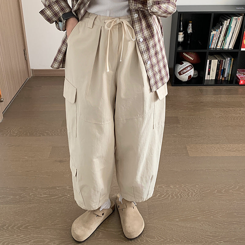 Dark gray Japanese loose wide leg workwear pants for men retro ankle tied casual pants with large pockets - Moze