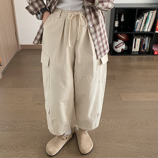 Dark gray Japanese loose wide leg workwear pants for men retro ankle tied casual pants with large pockets - Moze