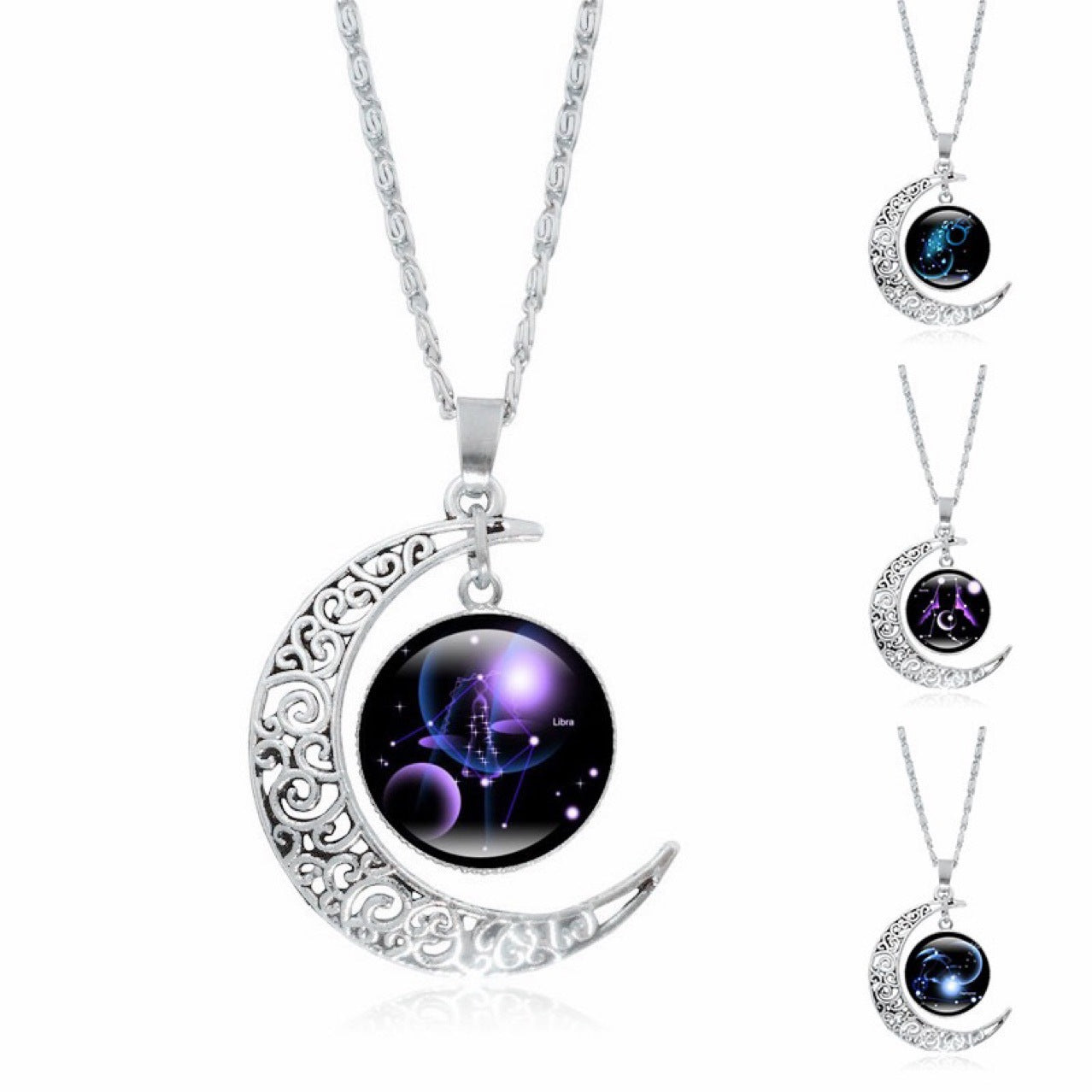 Zodiac Time Gem Luminous Necklace for Women, Simple Silver Moon Pendant Choker - Moze