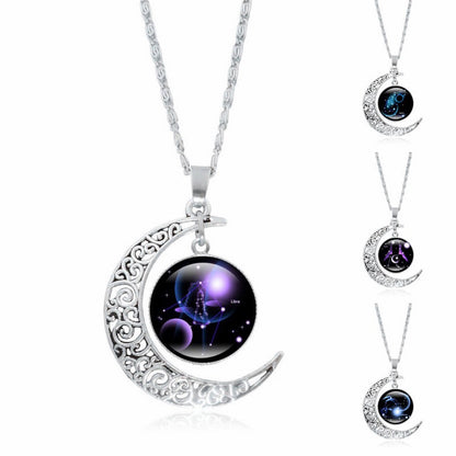 Zodiac Time Gem Luminous Necklace for Women, Simple Silver Moon Pendant Choker - Moze