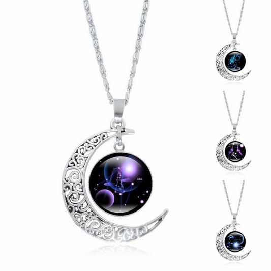 Zodiac Time Gem Luminous Necklace for Women, Simple Silver Moon Pendant Choker - Moze
