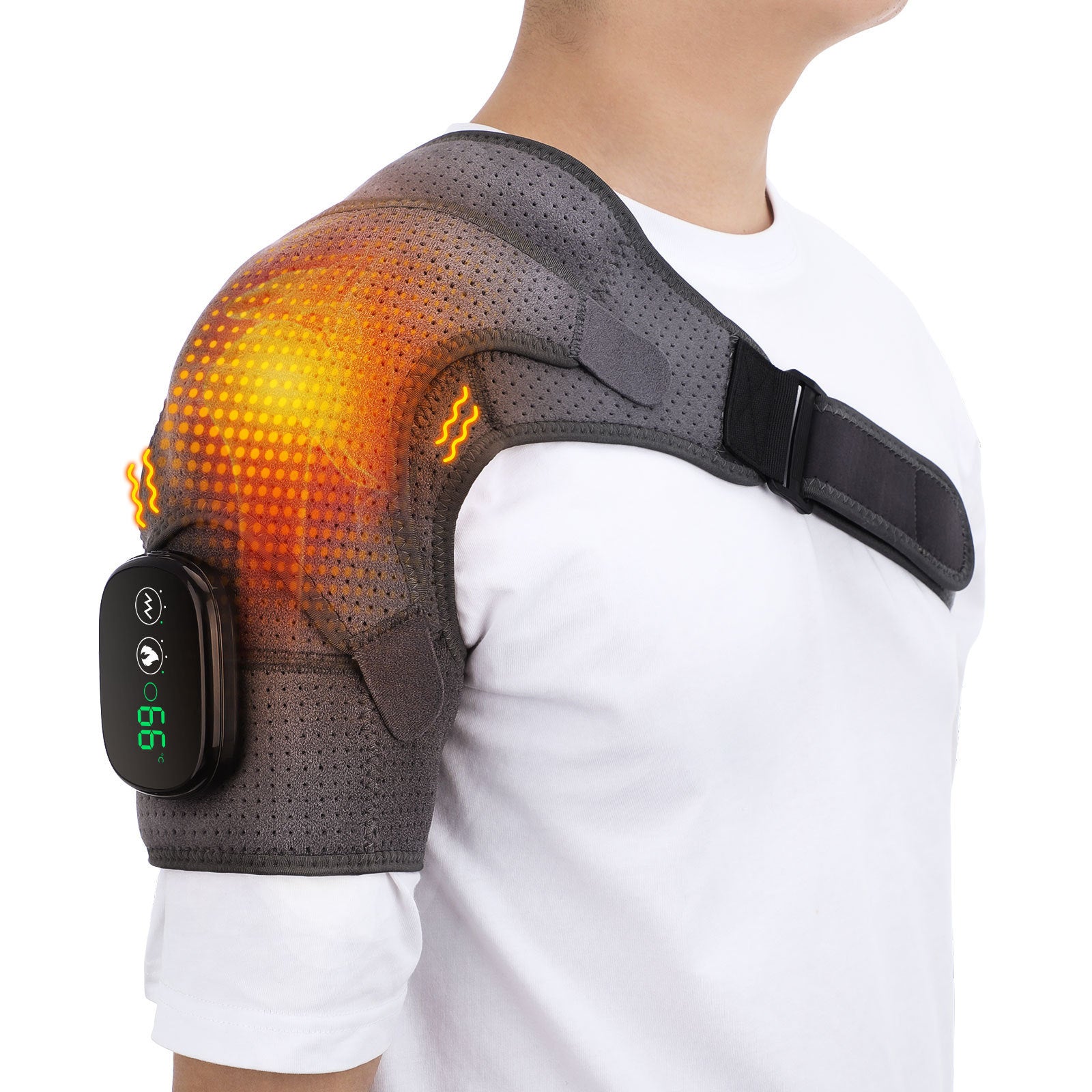 Massage Shoulder Support with Touchscreen Controller, Rechargeable Vibrating Heat Therapy Shoulder Massager Belt - Moze