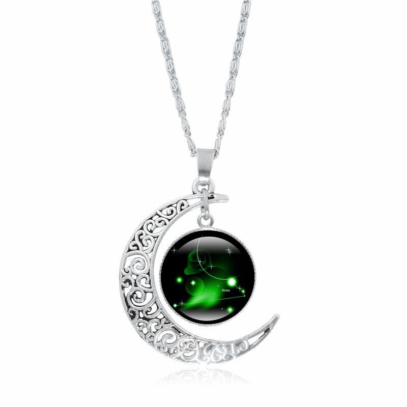 Zodiac Time Gem Luminous Necklace for Women, Simple Silver Moon Pendant Choker - Moze