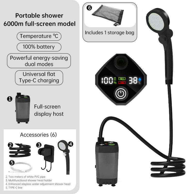 Portable Outdoor Shower Kit, 6000mAh Rechargeable Water Pump with Display for Camping & Pet Bath - Moze