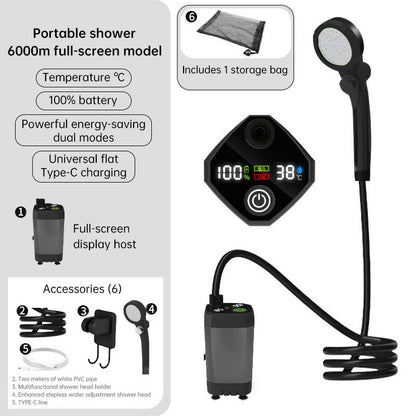 Portable Outdoor Shower Kit, 6000mAh Rechargeable Water Pump with Display for Camping & Pet Bath - Moze