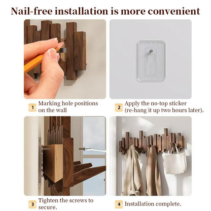 Solid Wood Hanger, Piano Key Wall Hook, Adhesive Back-of-Door Coat Hook, No Drill Entryway Organizer. - Moze
