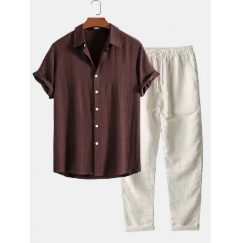 Men's Stand Collar Slim Fit Linen-Cotton Suit Set - Moze