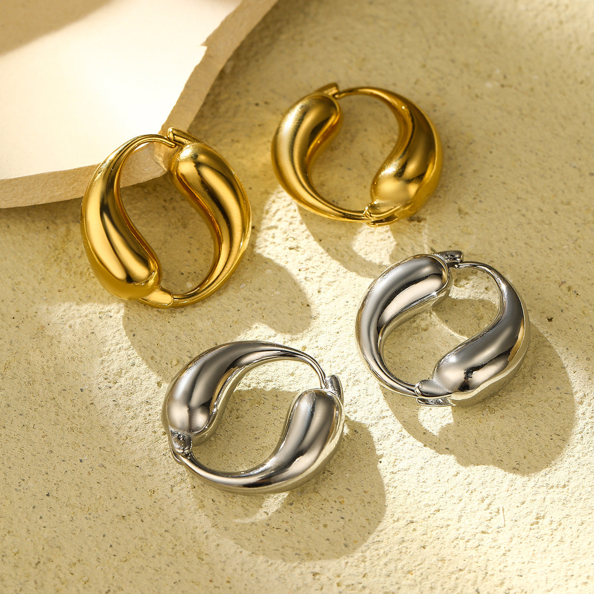 Creative O-shaped Stainless Steel Earrings with Gold Finish, Two Teardrop Loop Titanium Steel Hoop Earrings - Moze