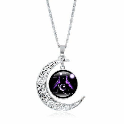 Zodiac Time Gem Luminous Necklace for Women, Simple Silver Moon Pendant Choker - Moze
