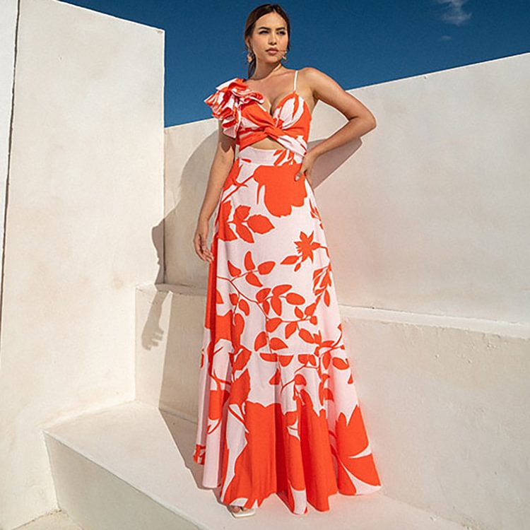 One-Shoulder Ruffle Cut-Out Printed One-Piece Swimsuit with Skirt for Women - Moze