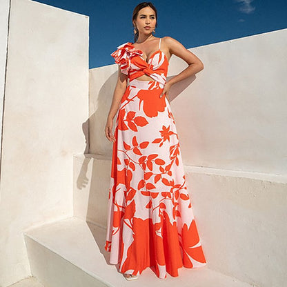 One-Shoulder Ruffle Cut-Out Printed One-Piece Swimsuit with Skirt for Women - Moze