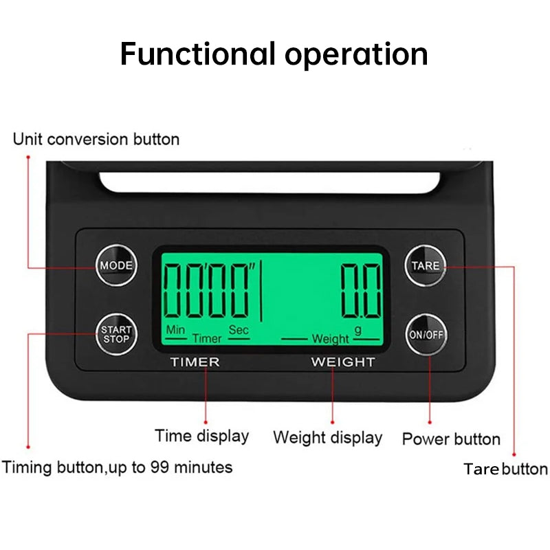 Digital kitchen coffee scale with timer, high - precision LCD, 5kg/0.1g - Moze