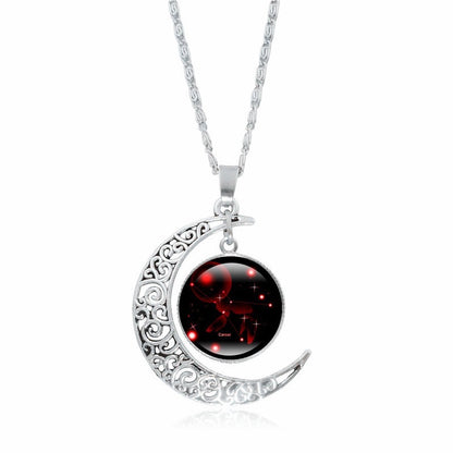 Zodiac Time Gem Luminous Necklace for Women, Simple Silver Moon Pendant Choker - Moze
