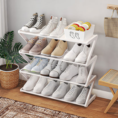 Z-shaped 4-layer shoe organizer: space-saving, wall/corner-mount, stackable, adjustable storage shelf. - Moze