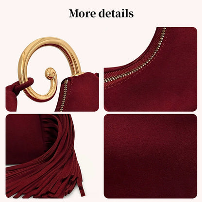 Vintage Winter Women's Bag - Fashionable Synthetic Suede Purse with Leather Tassels, Elegant Outdoor Travel Bag - Moze