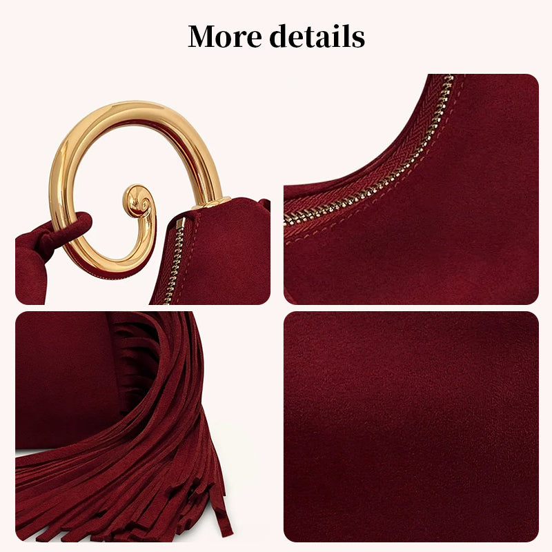 Vintage Winter Women's Bag - Fashionable Synthetic Suede Purse with Leather Tassels, Elegant Outdoor Travel Bag - Moze