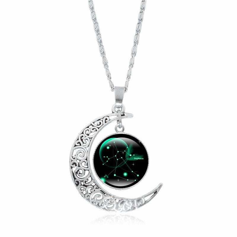 Zodiac Time Gem Luminous Necklace for Women, Simple Silver Moon Pendant Choker - Moze