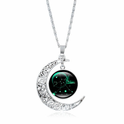 Zodiac Time Gem Luminous Necklace for Women, Simple Silver Moon Pendant Choker - Moze