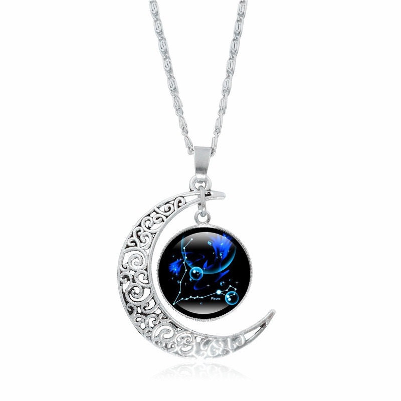Zodiac Time Gem Luminous Necklace for Women, Simple Silver Moon Pendant Choker - Moze