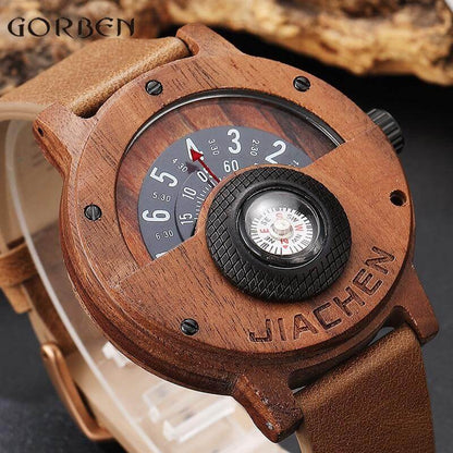 Unique Compass Turntable Design Mens Wooden Watch - Moze
