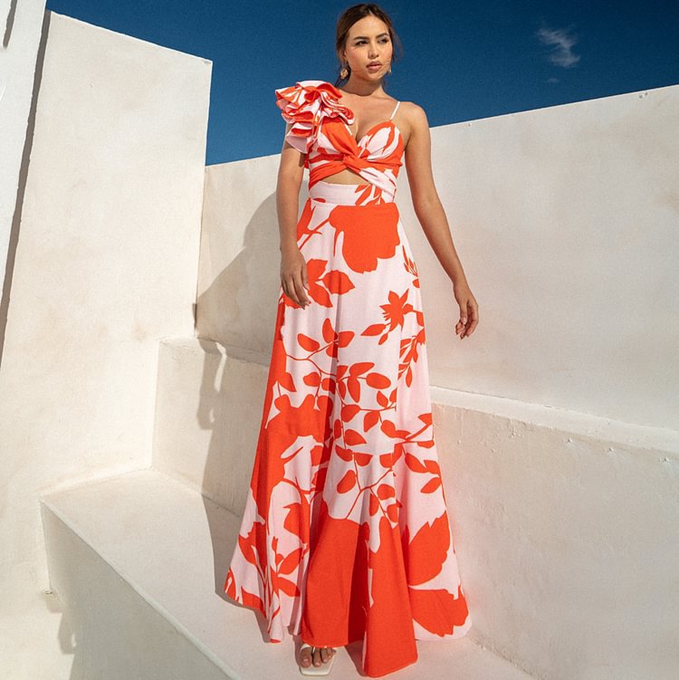 One-Shoulder Ruffle Cut-Out Printed One-Piece Swimsuit with Skirt for Women - Moze