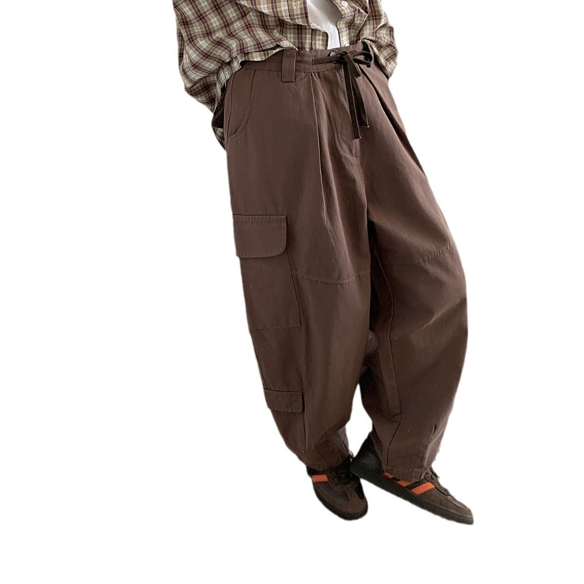 Dark gray Japanese loose wide leg workwear pants for men retro ankle tied casual pants with large pockets - Moze