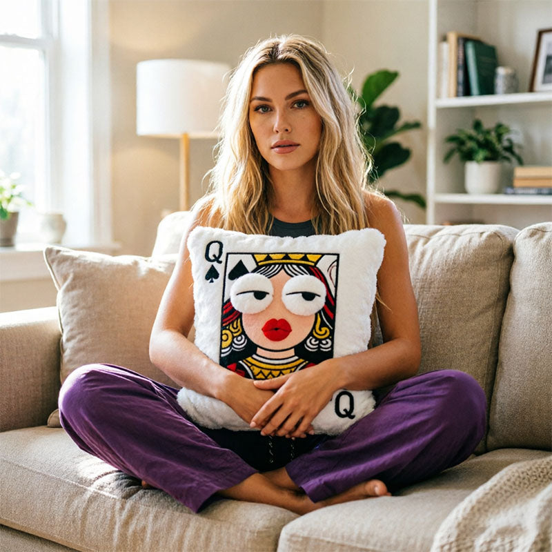 Cartoon Embroidered Square Pillow - Soft Quirky Big Eyes Game Cushion, Decorative Plush Throw Pillow for Home & Bedroom - Moze