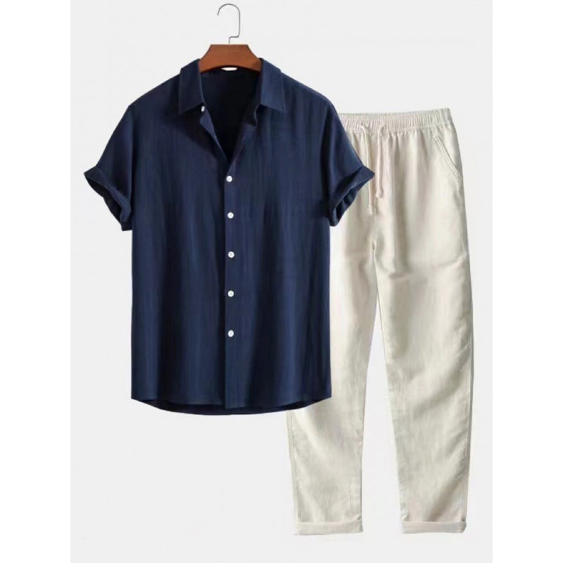 Men's Stand Collar Slim Fit Linen-Cotton Suit Set - Moze