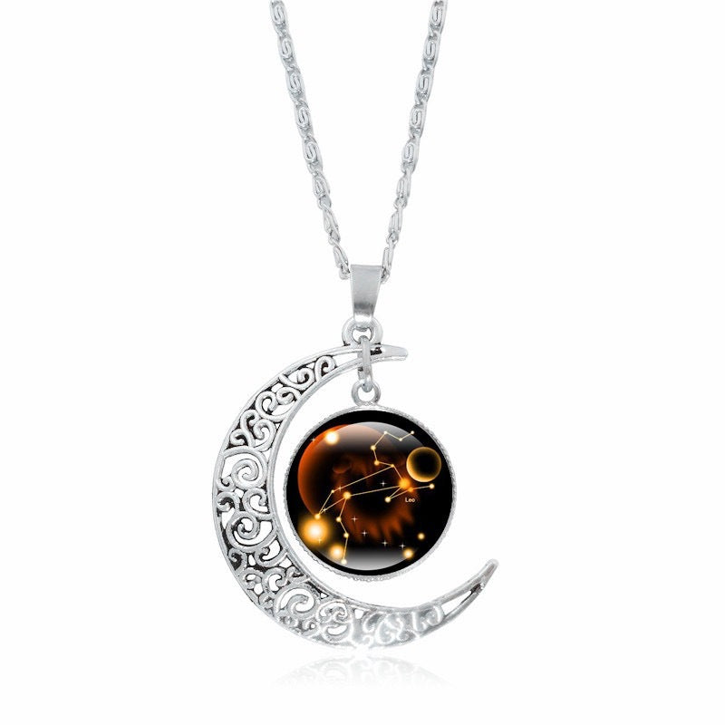Zodiac Time Gem Luminous Necklace for Women, Simple Silver Moon Pendant Choker - Moze