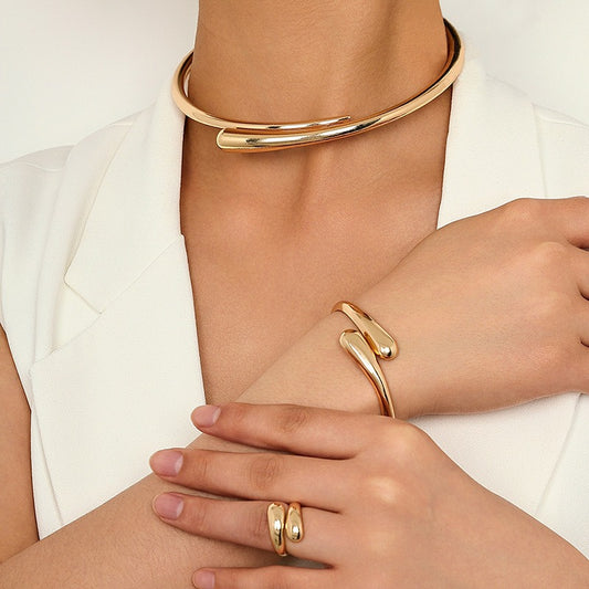 Simple heavy metal temperament geometric circular smooth surface women's collar bracelet ring jewelry - Moze