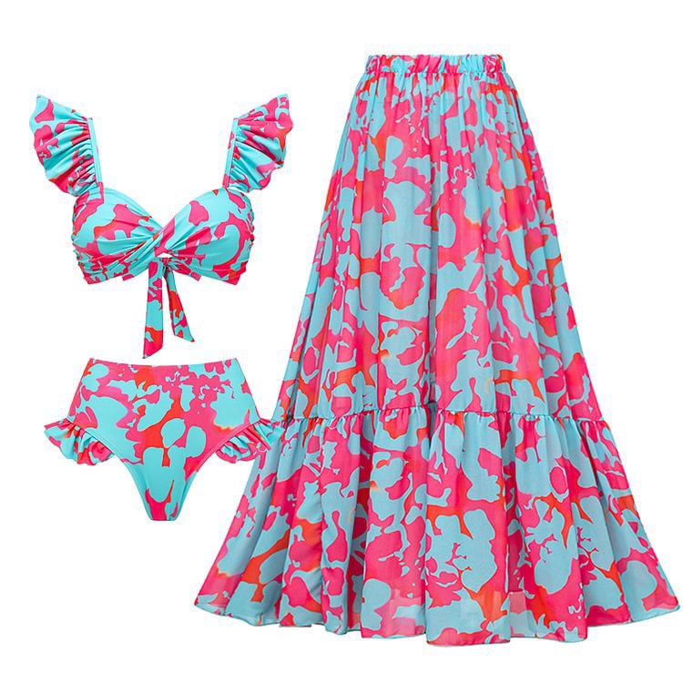 High-Waist Bikini Two-Piece Swimsuit with Beach Vacation Skirt Set for Women - Moze